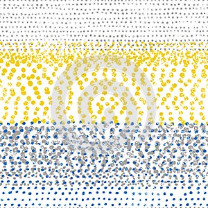 Seamless vintage pattern in doodle style. Polka dot print. Gray, blue and yellow horizontal lines on a white background. Grunge t