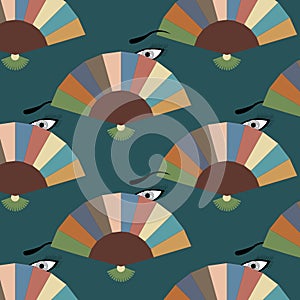 Seamless vintage pattern with fans and eyes