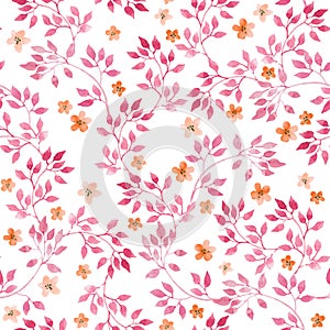 Seamless vintage pattern with hand painted pink leaves and ditsy small flowers. Watercolor