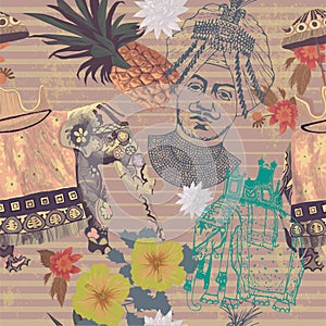 Seamless vintage pattern with indian elephant, pineapple, flowers, maharajah head.