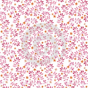 Seamless vintage pattern with watercolor pink leaves and retro tiny flowers. Watercolour