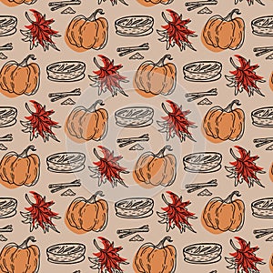 seamless vintage sketch pattern of autumn attributes such as pumpkin, maple leaf, cinnamon, apple pie.