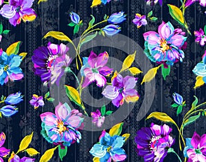 Seamless vintage watercolor floral design with leaves on black background for textile prints.