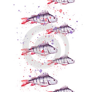 Seamless vintage watercolor pattern. Watercolor drawing fish perch. Blue, purple water splash, paint. Underwater world, drawing of