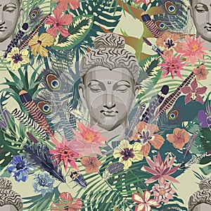 Seamless vintahe style vector pattern with Buddha head.