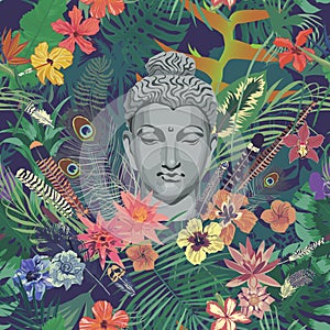 Seamless vintahe style vector pattern with Buddha head.