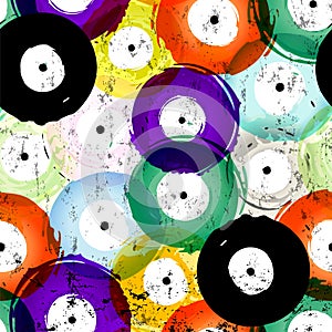 Abstract vinly records seamless background pattern, with circles, paint strokes and splashes, gungy