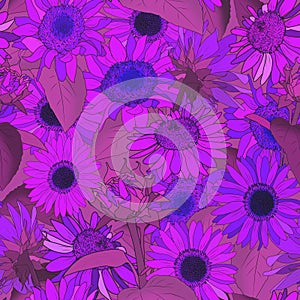 Seamless violet pattern with sunflowers