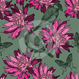 Seamless wallpaper with abstract flowers and birds, hand-drawing. Vector illustration.