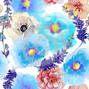 Seamless wallpaper with Beautiful summer flowers, watercolor illustration