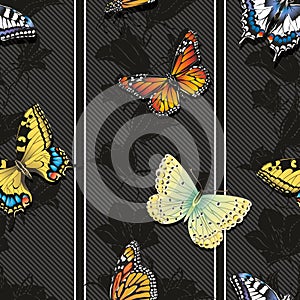 Seamless wallpaper with butterflies on a black background.