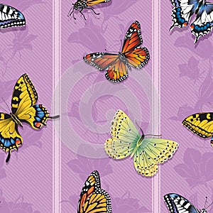 Seamless wallpaper with butterflies on a lilac background.