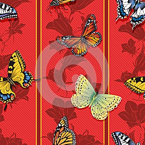 Seamless wallpaper with butterflies on a red background.