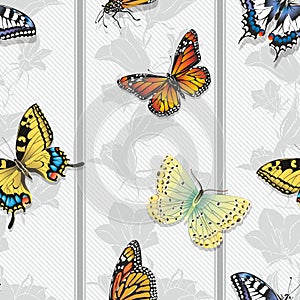 Seamless wallpaper with butterflies on a white background.