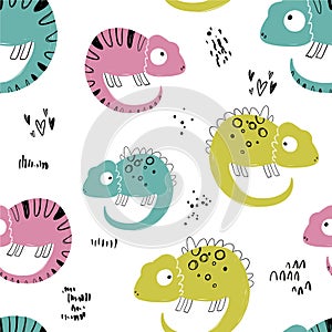 Vector hand-drawn colored childish seamless repeating simple flat pattern with chameleons in scandinavian style on a