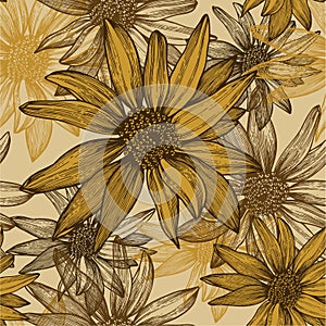 Seamless wallpaper with flowers, sunflower seeds,