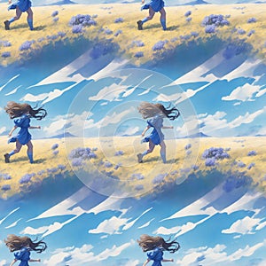 seamless wallpaper with a girl running across a field