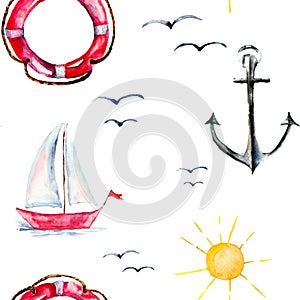 Seamless wallpaper with Life buoy, anchor and ships