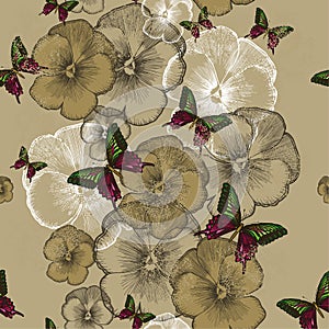 Seamless wallpaper with pansies and butterflies. Vector illustration.