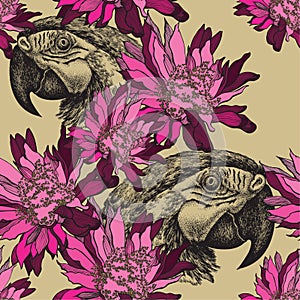 Seamless wallpaper with pink flowers and parrot, hand-drawing. V