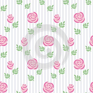 Seamless wallpaper pink roses with leaves on striped background.