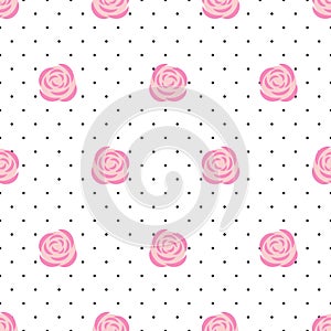 Seamless wallpaper pink roses on polka dots background.