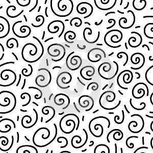 Seamless wallpaper print swatch, cute fun design with curls swirls and lines in abstract background pattern in bold black and whit