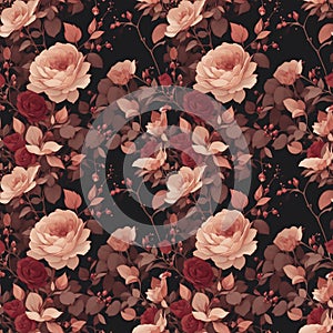 seamless wallpaper with roses in red shades on a dark background