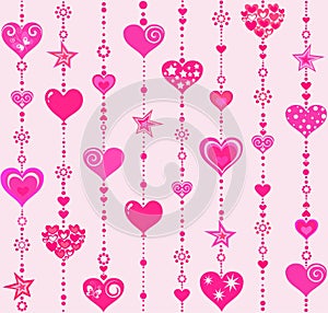 Seamless wallpaper with rosy, pink, light violet hanging decorative hearts