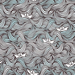 Seamless water pattern with paper boats