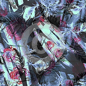 Seamless watercolor abstract background with  fea  thers,leaf drawings. flower rose, peony, poppy.  For textiles, material