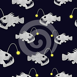 Seamless watercolor angler fish pattern.