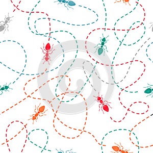 Seamless watercolor ants with traces pattern.