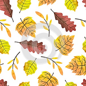 Seamless watercolor autumn leaves pattern. Vector fall background with colorful leaves