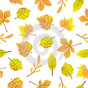 Seamless watercolor autumn leaves pattern. Vector fall illustration with orange and yellow leaves