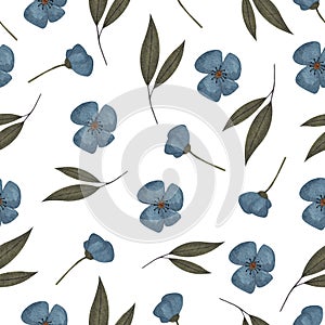 Seamless watercolor background with blue flowers and herbs in vintage style for fabrics, paper, wallpaper, cards