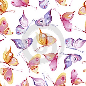 Seamless watercolor background consisting of butterflies of different colors, yellow and pink