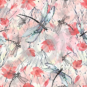 Seamless watercolor background with, flowers, paint splash. Watercolor card with a picture of dragonfly, flower branch, poppy, peo