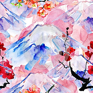 Seamless watercolor background . Fuji mountain with sakura