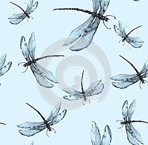 Seamless watercolor background, paint splash. Watercolor card with a picture of dragonfly. Trendy vintage background