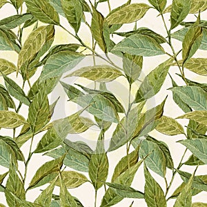 Seamless Watercolor Background with Twigs, Leaves