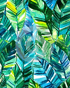 Seamless watercolor banana palm leaf pattern.