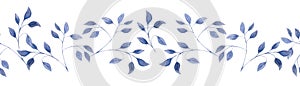 Seamless watercolor border with blue small twigs of leaves on a white background. photo