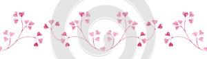 Seamless watercolor border with pink little twigs of leaves in the shape of hearts on a white background. photo