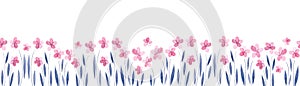 Seamless watercolor border with small pink flowers and blue twigs of leaves on a white background. photo