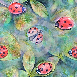 Seamless watercolor botanical summer pattern with ladybugs and greenery