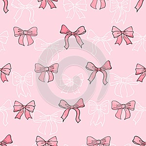 Seamless watercolor bows pattern in pink color.
