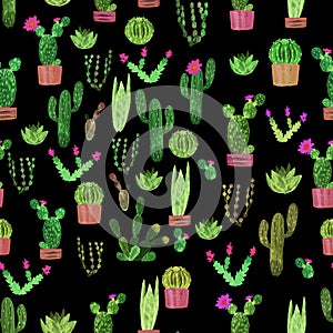 Seamless watercolor cactuses plant pattern