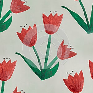 Seamless watercolor childish flowers green red handmade