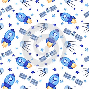 Seamless watercolor childish pattern with space rocket and satellites on white background.